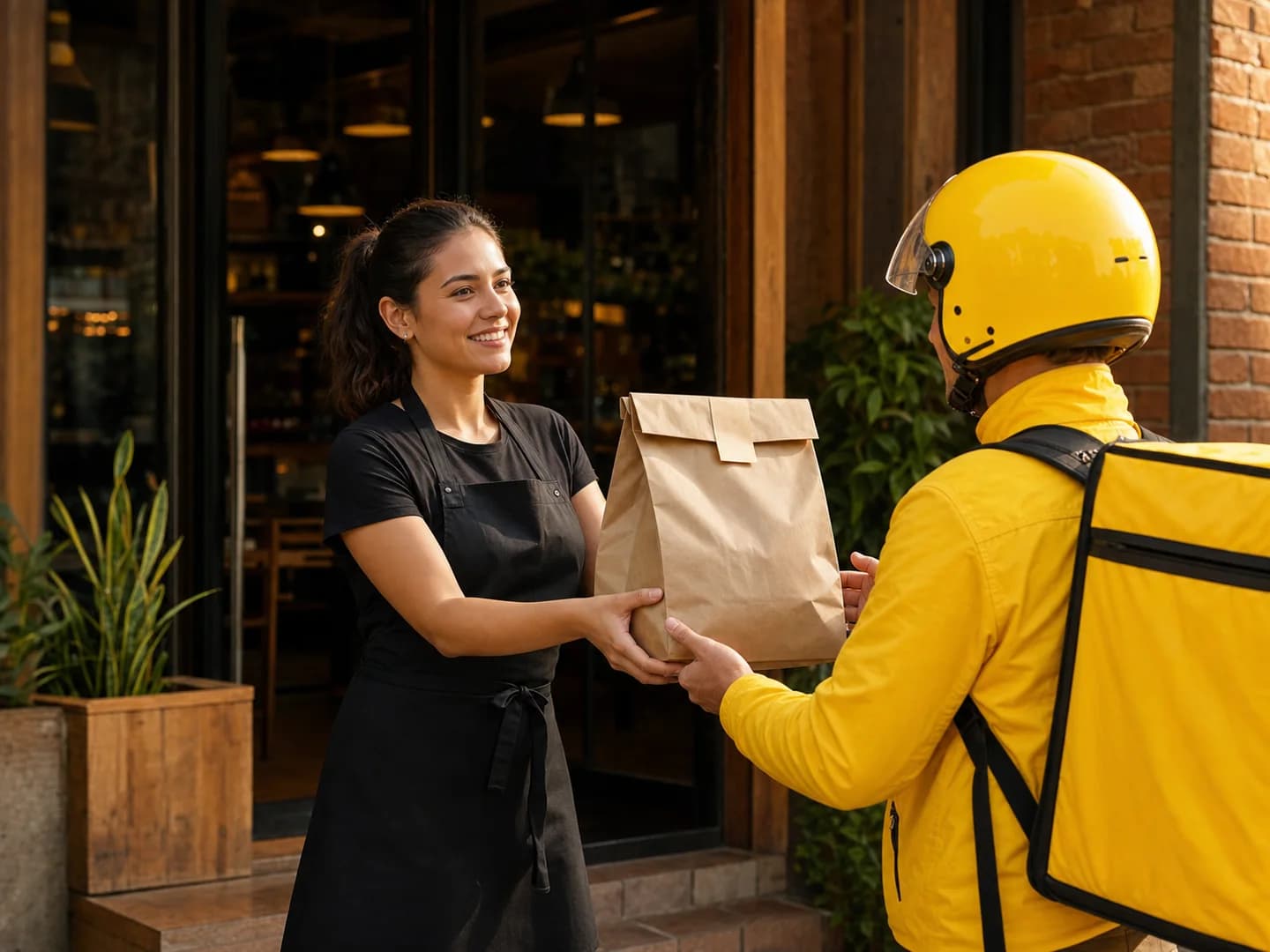Un rider de Shopper recibe un pedido en un restaurante